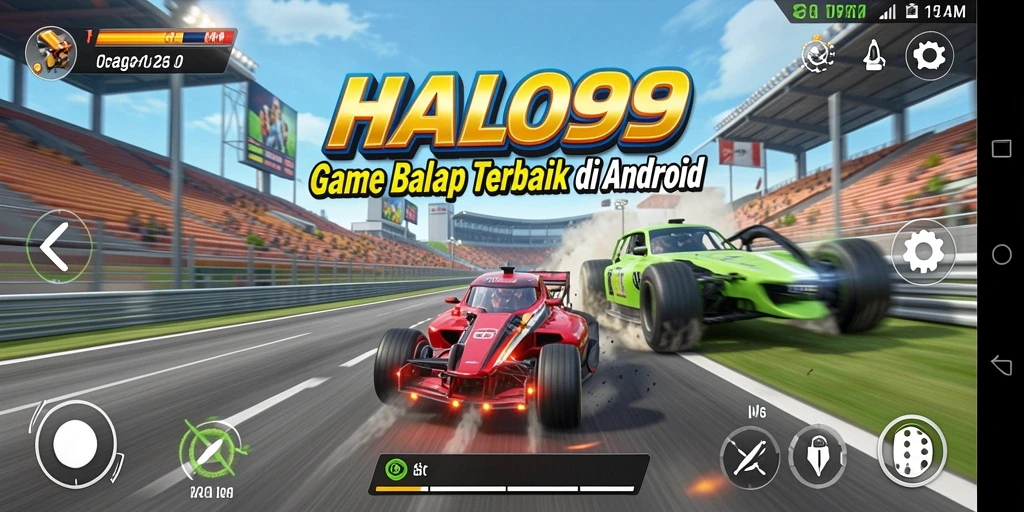 Screenshot permainan yang menunjukkan aksi balap seru di HALO99.