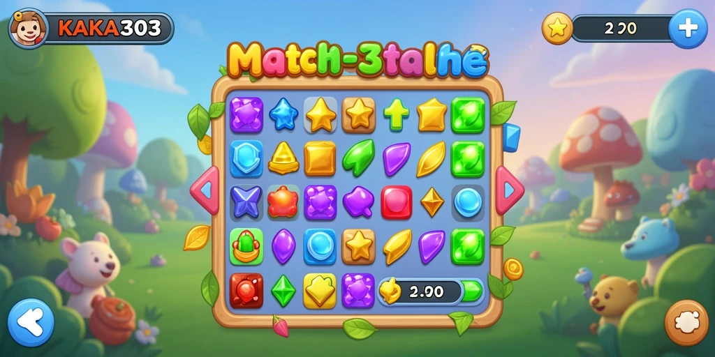 Tampilan gameplay seru KAKA303 dalam mode Match-3 yang penuh warna.