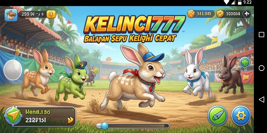 Screenshot gameplay KELINCI777 menampilkan balapan seru kelinci di lintasan berwarna-warni.